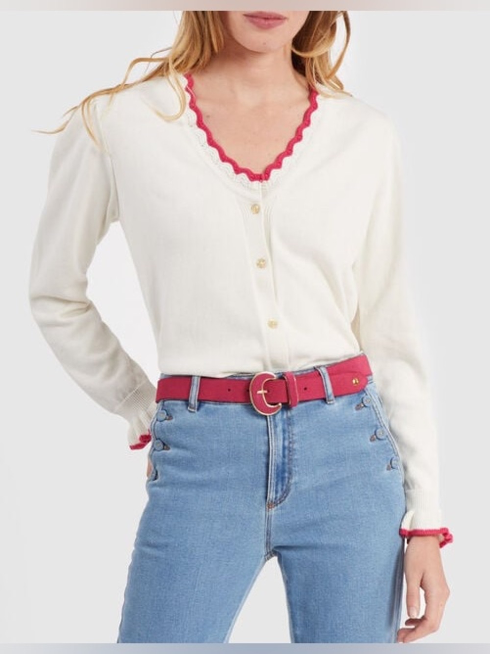 Boden Cream Cardigan with Pink Trim